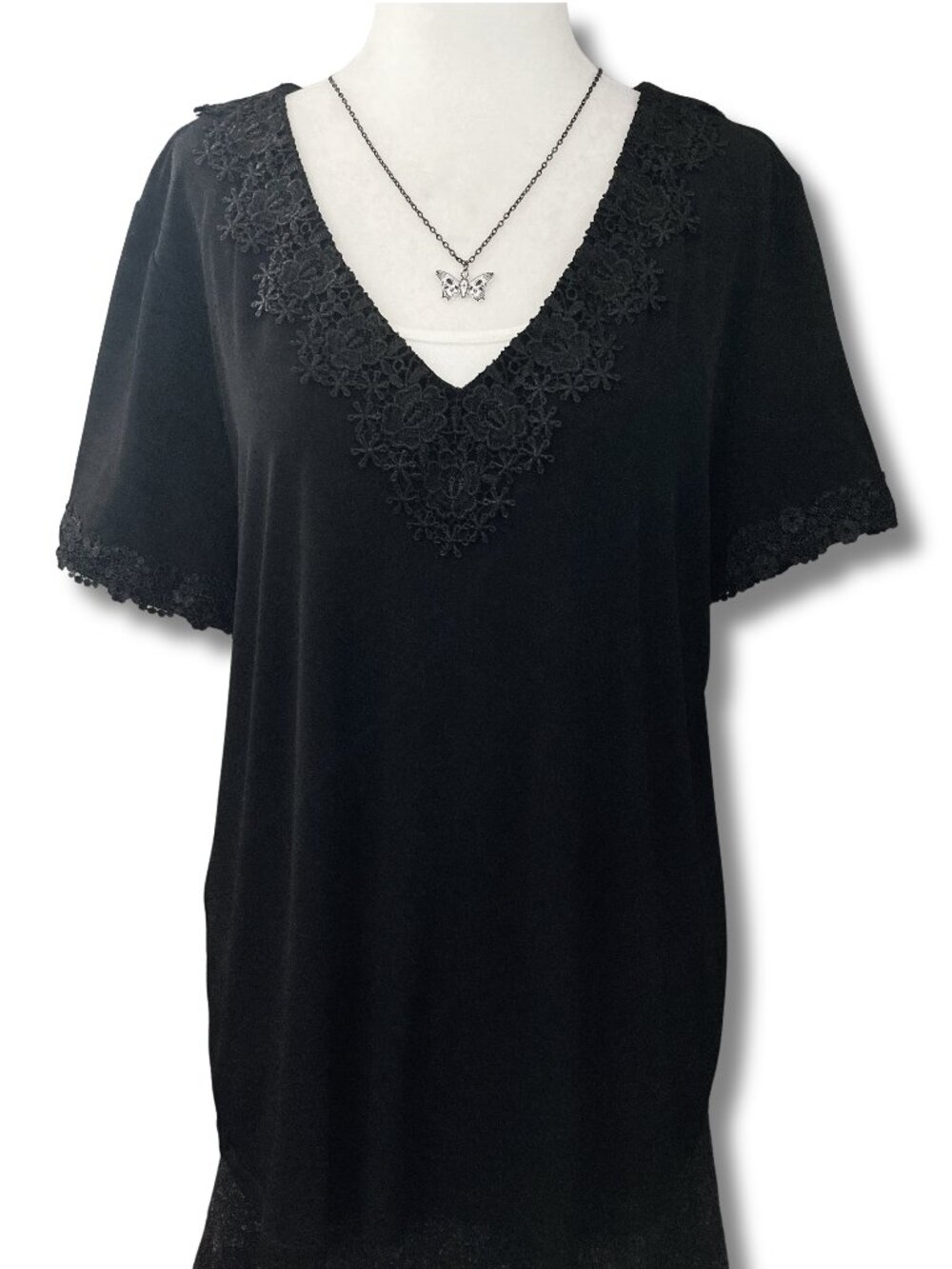 KARL LAGERFELD Black v-neck short-sleeve floral lace trim shirt LARGE XL 1X top